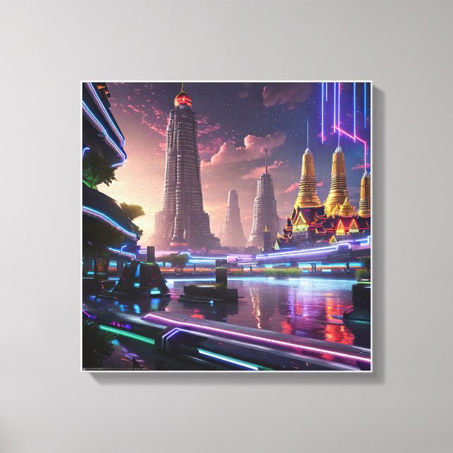 Vibrant Neon Lights of Cyberpunk Bangkok   Canvas Print (Front)
