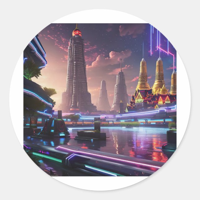 Vibrant Neon Lights of Cyberpunk Bangkok  Classic Round Sticker (Front)