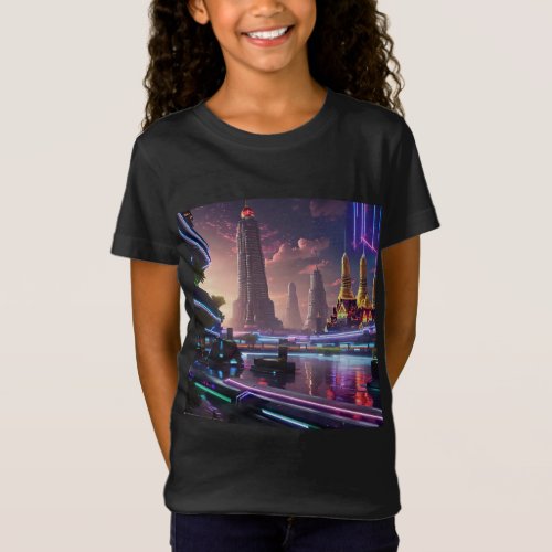 Vibrant Neon Lights of Cyberpunk Bangkok   T_Shirt