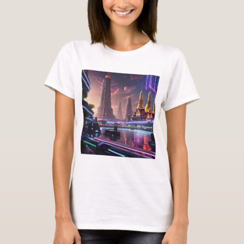 Vibrant Neon Lights of Cyberpunk Bangkok  T_Shirt