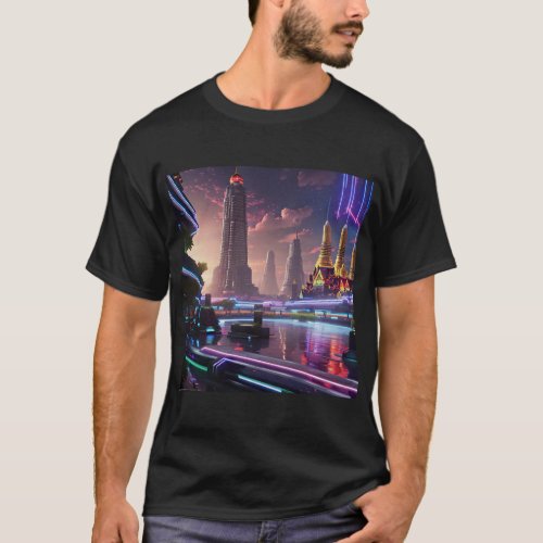 Vibrant Neon Lights of Cyberpunk Bangkok  T_Shirt