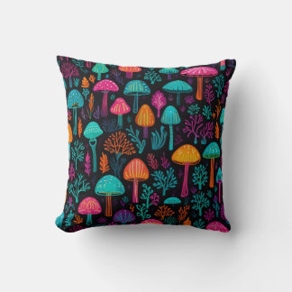 Vibrant Neon Mushroom Magic: Unique Patterns Throw Pillow
