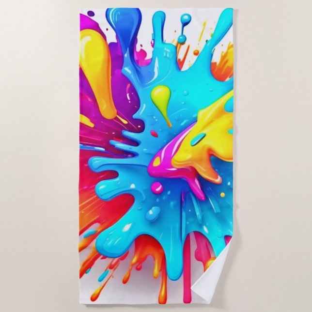 Vibrant Neon Paint Splash Art Beach Towel (Front)