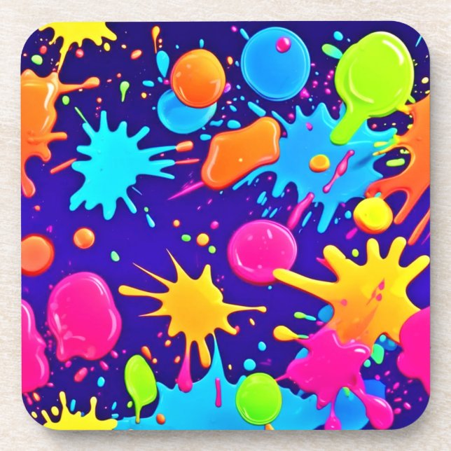 Vibrant Neon Paint Splatter Art Beverage Coaster (Front)