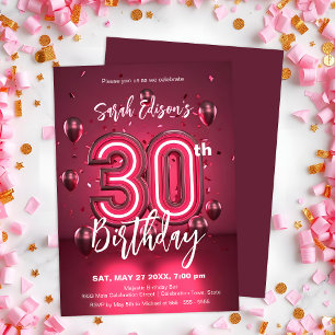 Vibrant Neon Pink 30th Birthday with Balloons Invitation