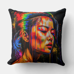 Vibrant Neon Portrait – Abstract Expressionist Art Throw Pillow