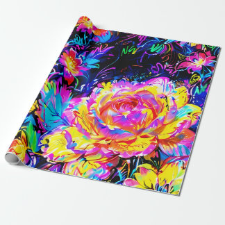 Vibrant Neon Psychedelic Flowers Wrapping Paper