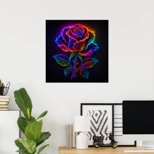 Vibrant Neon Rainbow Rose Bloom with Electric Glow Poster