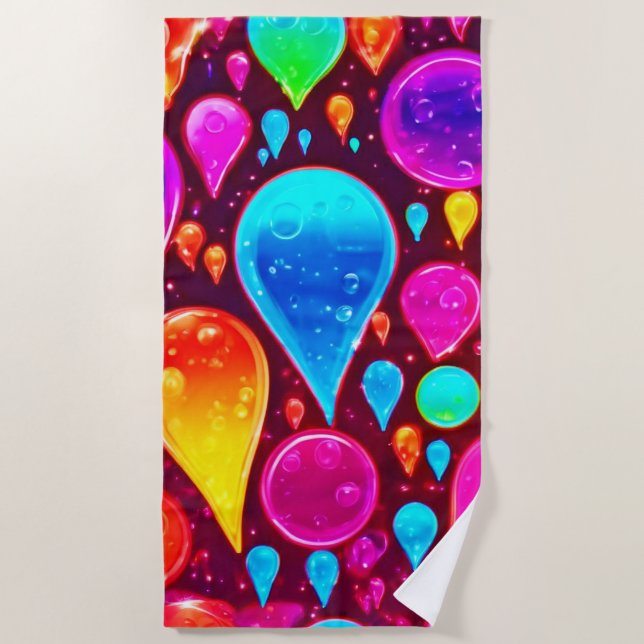 Vibrant Neon Raindrops Art Beach Towel (Front)