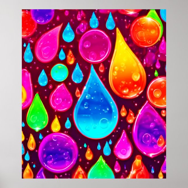Vibrant Neon Raindrops Art Poster (Front)