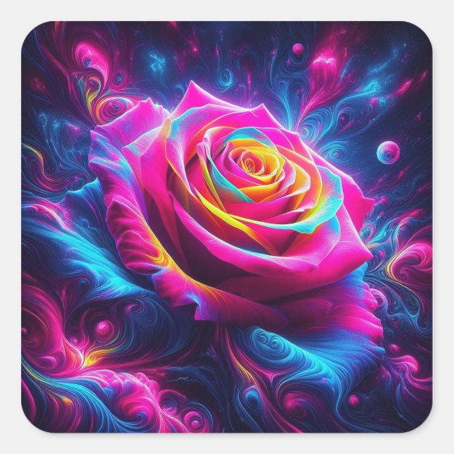 Vibrant Neon Rose Square Sticker (Front)