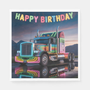 Vibrant Neon Semi-Truck Birthday Illustration  Napkins