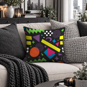 Vibrant Neon Shapes Black Accent Throw Pillow Art