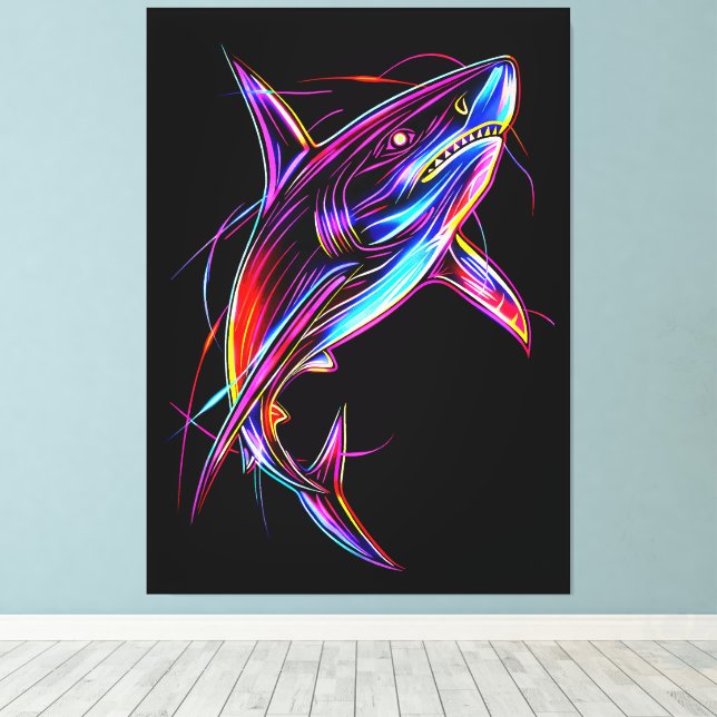Vibrant Neon Shark Modern Digital Ocean Canvas Print (Insitu(Wood Floor))