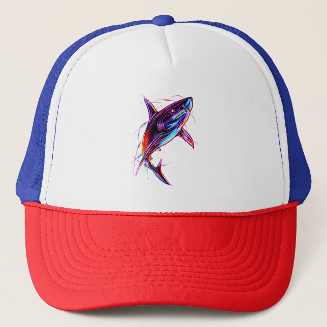 Vibrant Neon Shark Modern Digital Ocean Trucker Hat (Front)