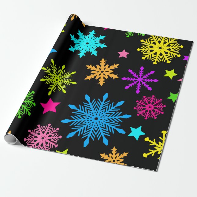 Vibrant Neon Snowflake Pattern Wrapping Paper (Unrolled)