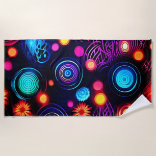 Vibrant Neon Spiral and Dot Art Beach Towel