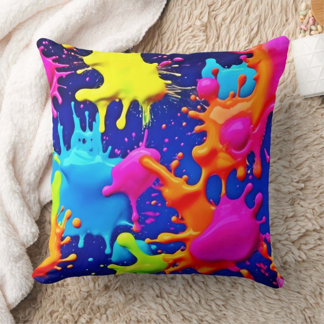 Vibrant Neon Splashes on Dark Canvas Throw Pillow (Blanket)