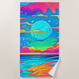 Vibrant Neon Sunset Over Ocean Waves Beach Towel