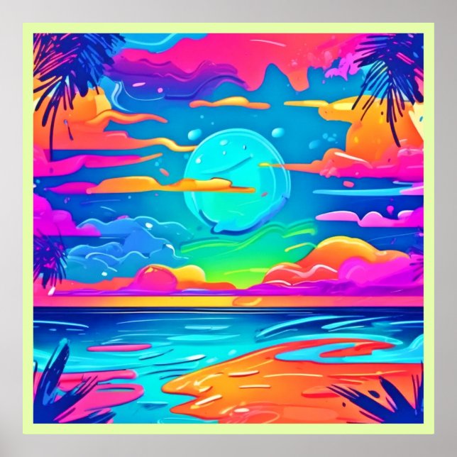 Vibrant Neon Sunset Over Ocean Waves Poster (Front)
