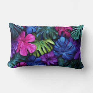 Vibrant Neon Tropical Monstera Leaves Background Lumbar Pillow