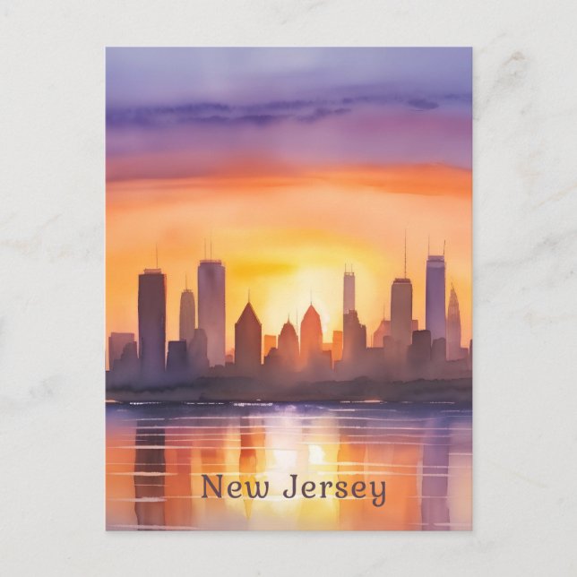 Vibrant New Jersey Watercolor Sunset Art  Postcard (Front)