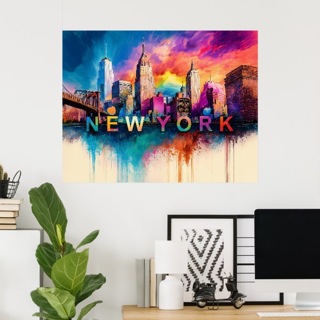 Vibrant New York City Colorful Skyline Art Poster (Home Office)