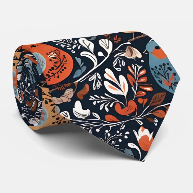 Vibrant Nordic Floral And Bird Pattern  Neck Tie (Rolled)