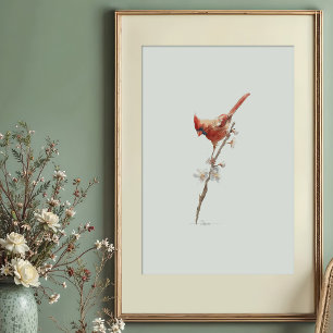Vibrant Northern Cardinal Watercolor on Branch Poster
