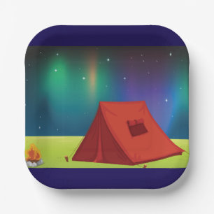 Vibrant Northern Lights Camping Tent Night Paper Plates