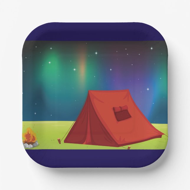 Vibrant Northern Lights Camping Tent Night Paper Plates (Front)