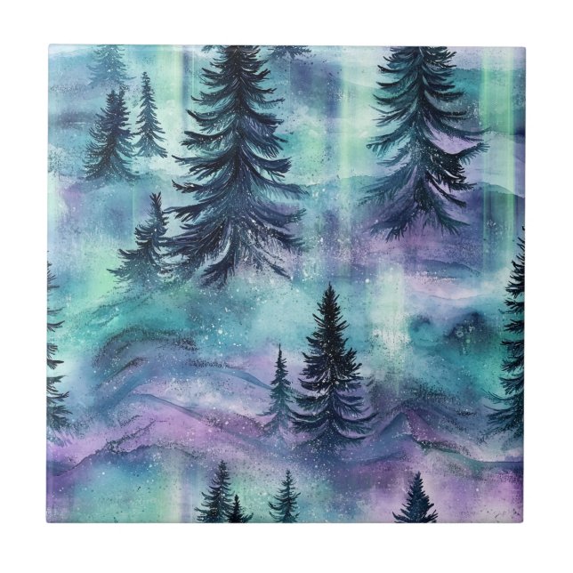 Vibrant Northern Lights Dark Pine Winter Sky Ceramic Tile (Front)