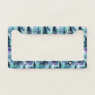 Vibrant Northern Lights Dark Pine Winter Sky License Plate Frame