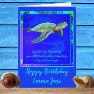 Vibrant Ocean Blue Sea Turtle Happy Birthday Card