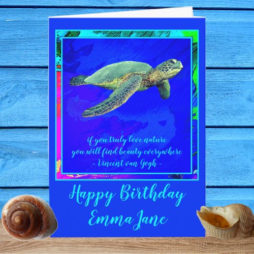 Vibrant Ocean Blue Sea Turtle Happy Birthday Card