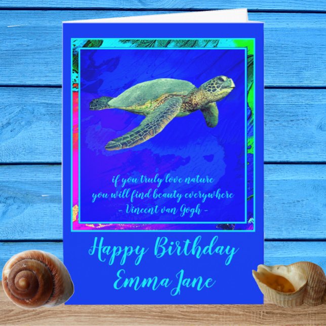Vibrant Ocean Blue Sea Turtle Happy Birthday Card (Creator Uploaded)