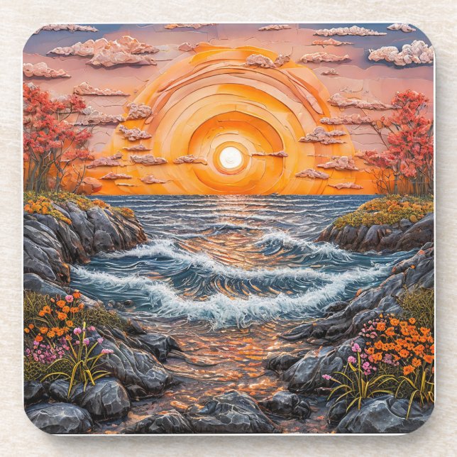 Vibrant Ocean Sunset Landscape Beverage Coaster (Front)