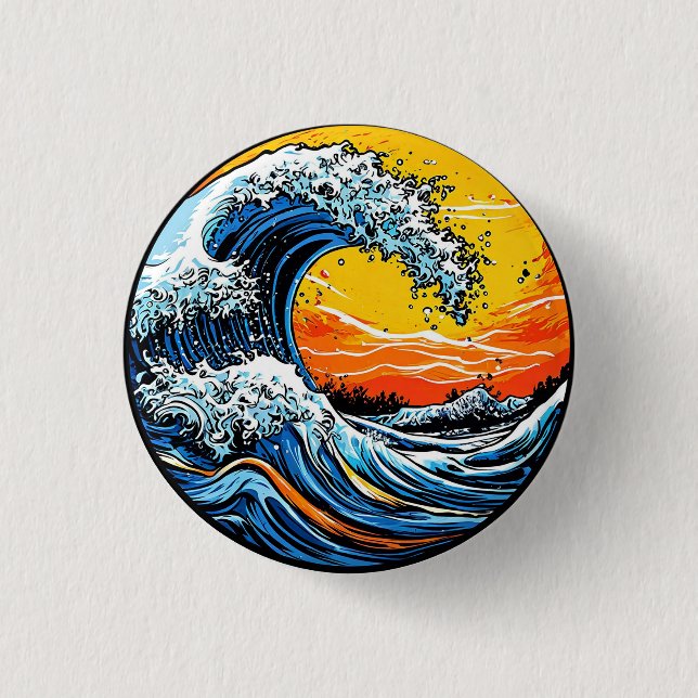Vibrant Ocean Wave With Fiery Sunset Button (Front)