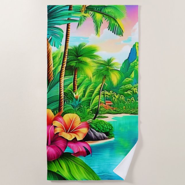 Vibrant Ocean Waves & Palm Trees Art Beach Towel (Front)