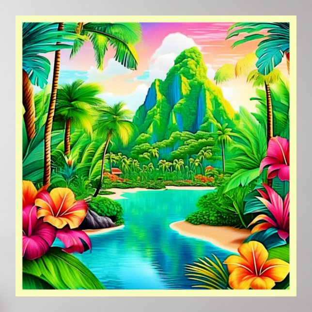 Vibrant Ocean Waves & Palm Trees Art Poster (Front)