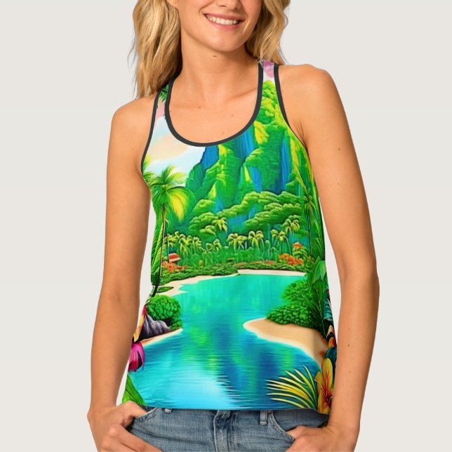 Vibrant Ocean Waves & Palm Trees Art Tank Top (Front)
