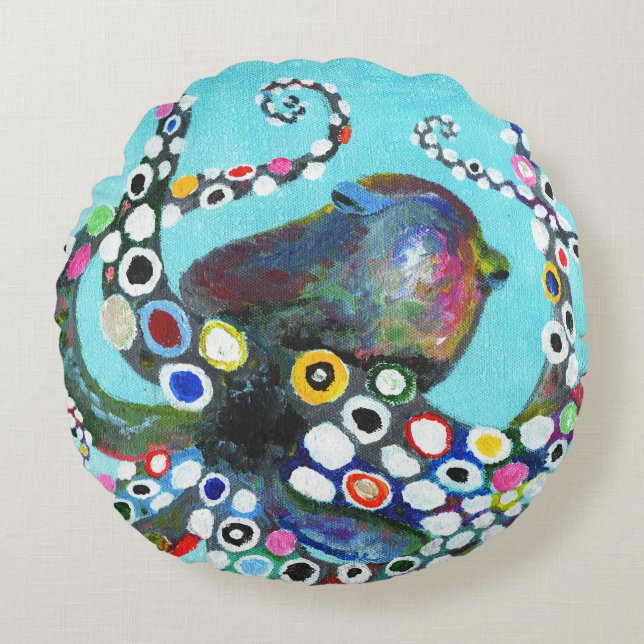 Vibrant Octopus: Acrylic Illustration Round Pillow (Front)