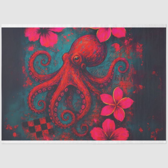 Vibrant Octopus and Tropical Florals – Decoupage  Tissue Paper (Front)