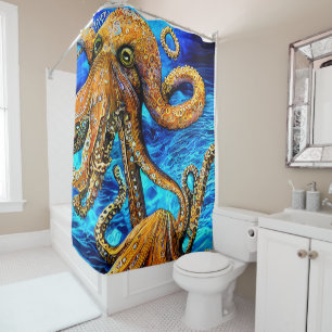 Vibrant Octopus Blue Ocean Wave Minimalism Shower Curtain