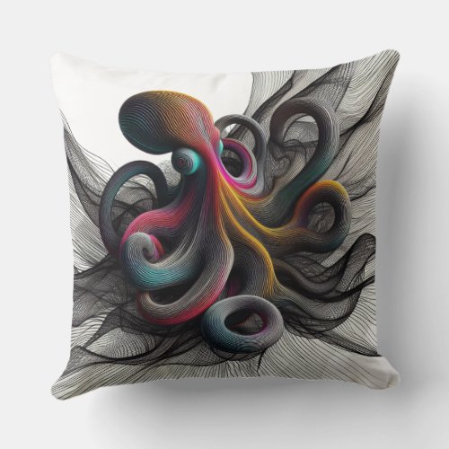VIBRANT OCTOPUS WITH COLORFUL TENTACLES IN BLACK 2 THROW PILLOW