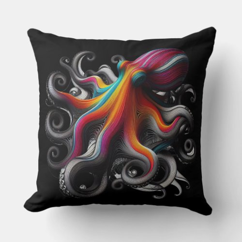 VIBRANT OCTOPUS WITH COLORFUL TENTACLES IN BLACK 3 THROW PILLOW