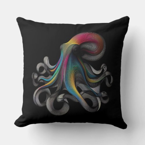 VIBRANT OCTOPUS WITH COLORFUL TENTACLES IN BLACK  THROW PILLOW