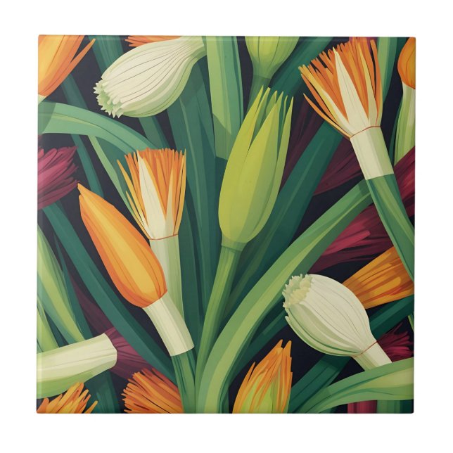 Vibrant Onion Flower Pattern Ceramic Tile (Front)