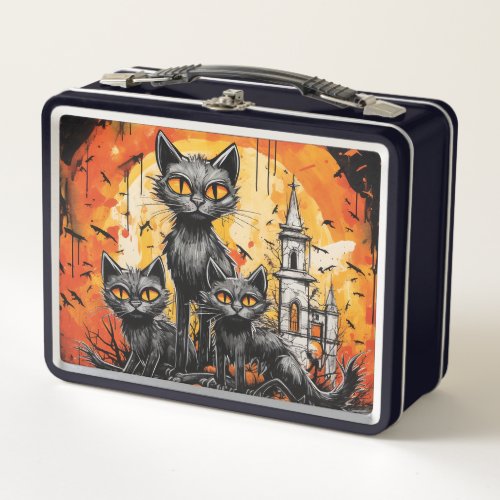 Vibrant Orange and Black Halloween Cats Metal Lunch Box