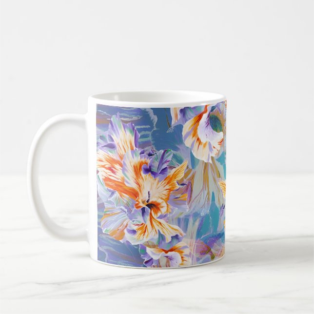 Vibrant Orange and Blue Abstract Floral Coffee Mug (Left)